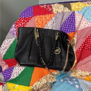 MICHAEL Michael Kors Black Pebbled Leather Shoulder Bag with Gold Hardware